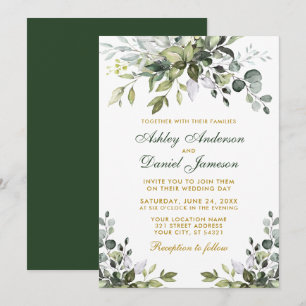 Elegant Watercolor Greenery Gold Green Wedding Invitation
