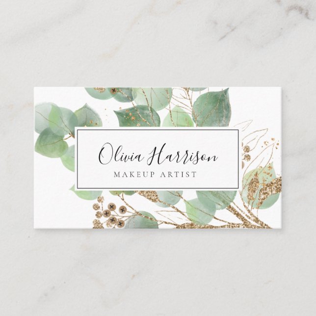 Elegant Watercolor Greenery Gold Leaf  Business Card (Front)