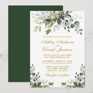Elegant Watercolor Greenery Gold Wedding Invitation