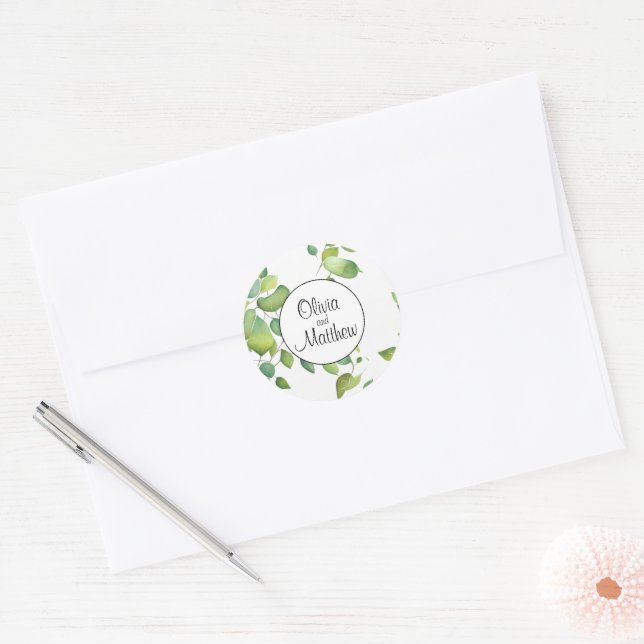 Elegant watercolor greenery green botanical classic round sticker (Envelope)