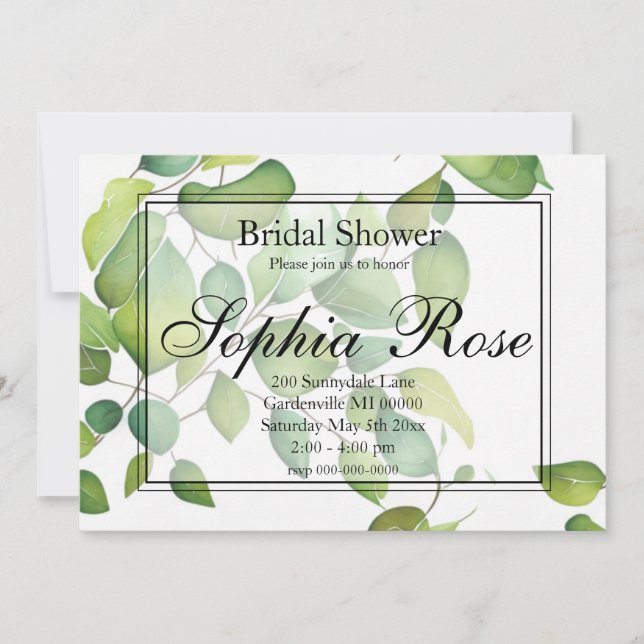 Elegant watercolor greenery green botanical invitation (Front)