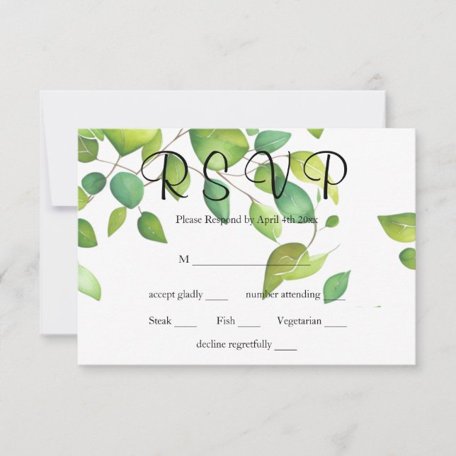 Elegant watercolor greenery green botanical RSVP card (Front)