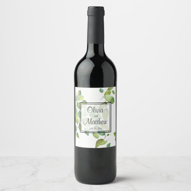 Elegant watercolor greenery green botanical wine label (Front)