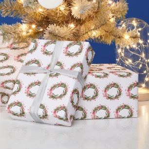 Elegant Watercolor Greenery Holly Wreath Wrapping Paper