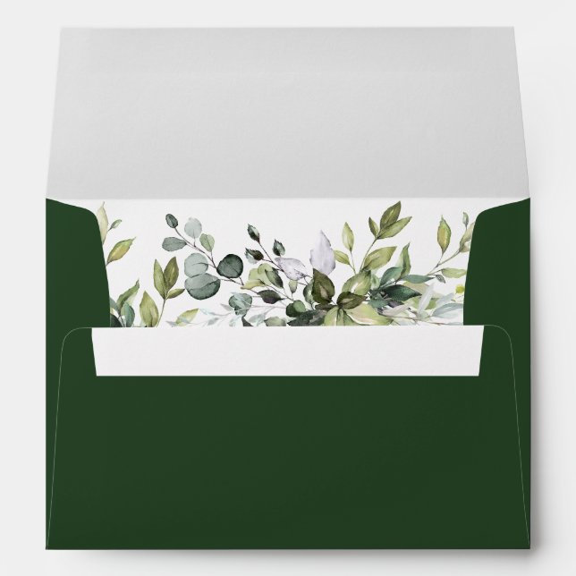 Elegant Watercolor Greenery Leaves Wedding Green Envelope (Back (Bottom))