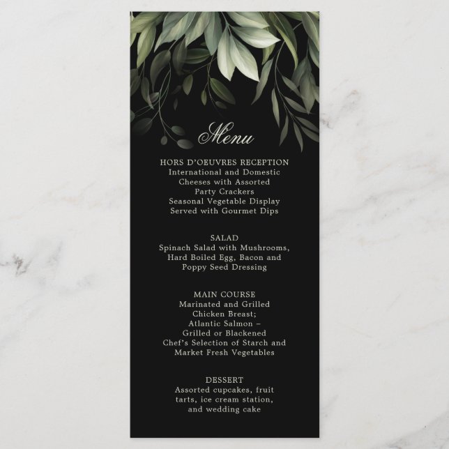 Elegant Watercolor Greenery Menu on Black (Front)