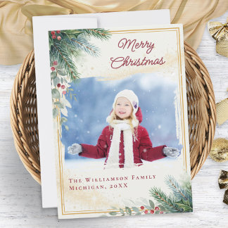 Elegant Watercolor Greenery Merry Christmas Photo Holiday Card