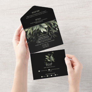 Elegant Watercolor Greenery on Black Background All In One Invitation