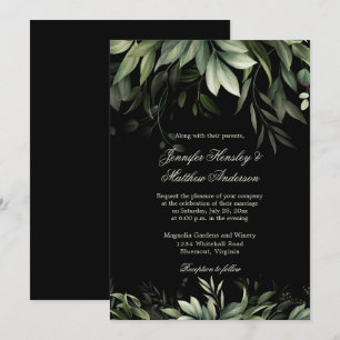 Elegant Watercolor Greenery on Black Background Invitation