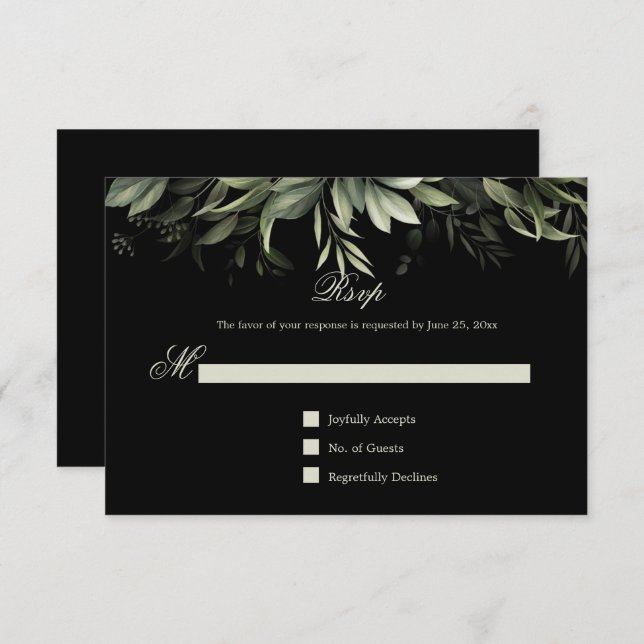 Elegant Watercolor Greenery on Black Background RSVP Card (Front/Back)