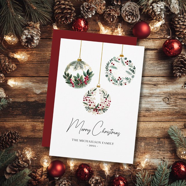 Elegant Watercolor Greenery Ornament Christmas Holiday Card (Greenery Ornament Bauble Watercolor Christmas Holiday Card)