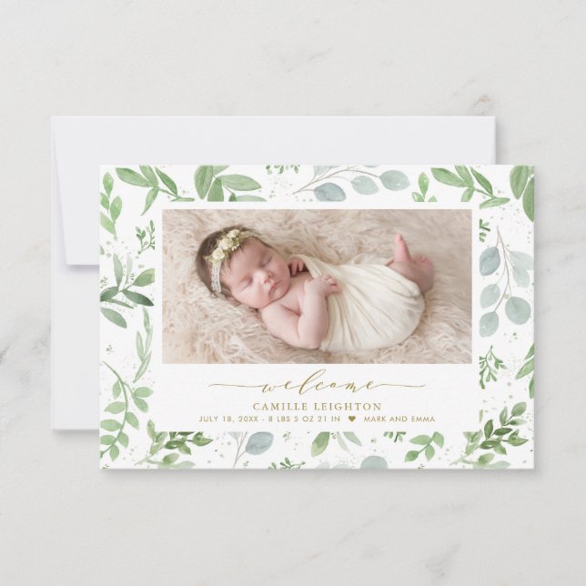Elegant Watercolor Greenery Pattern Birth Announcement (Front)