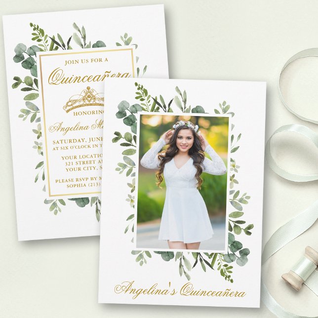 Elegant Watercolor Greenery Photo Quinceanera Invitation (Customize to change text style or text size.)