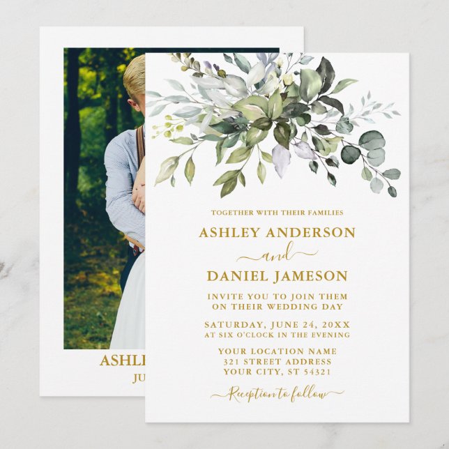 Elegant Watercolor Greenery Photo Wedding Gold Invitation (Front/Back)