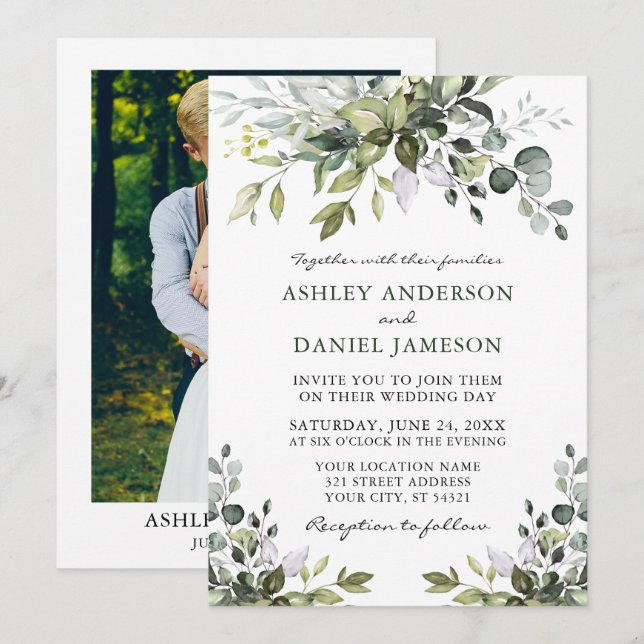 Elegant Watercolor Greenery Photo Wedding Invitation (Front/Back)