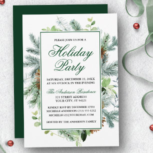 Elegant Watercolor Greenery Pine Holiday Party Invitation