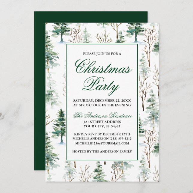 Elegant Watercolor Greenery Pines Christmas Party Invitation (Front/Back)
