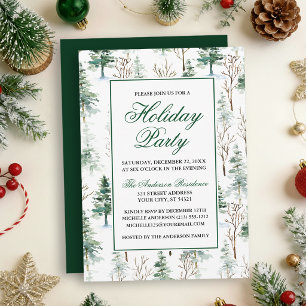 Elegant Watercolor Greenery Pines Holiday Party Invitation