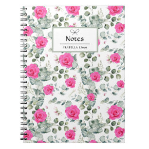 Elegant Watercolor Greenery Pink Flowers Pattern Notebook