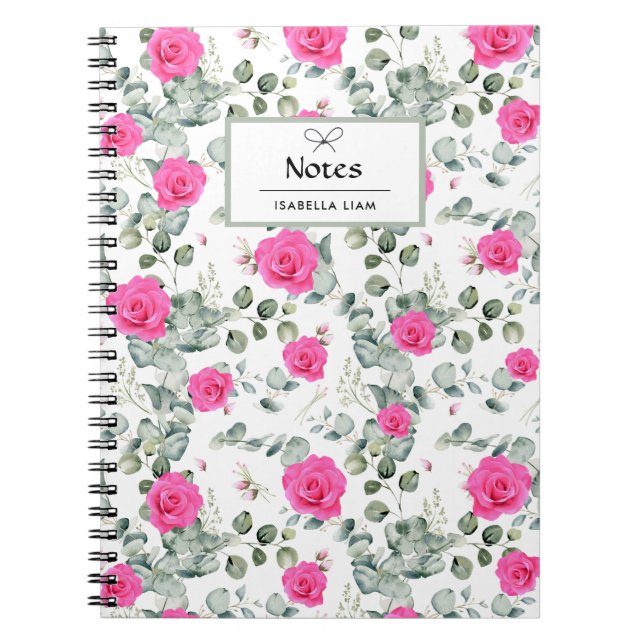 Elegant Watercolor Greenery Pink Flowers Pattern Notebook (Front)