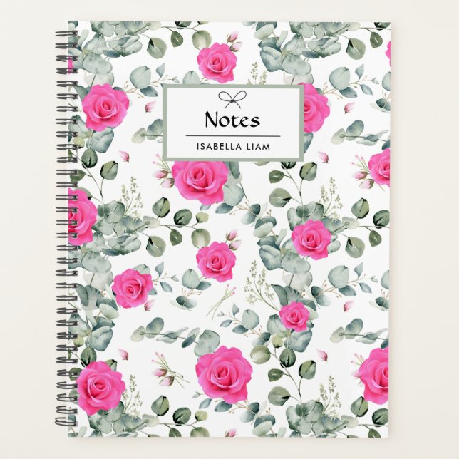 Elegant Watercolor Greenery Pink Flowers Pattern Planner (Front)