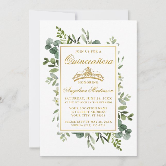 Elegant Watercolor Greenery Quinceanera Gold Invitation (Front)