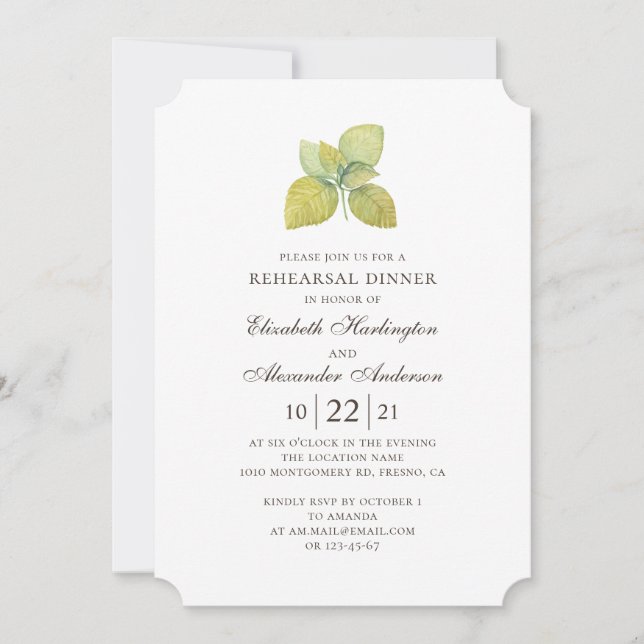 Elegant watercolor greenery rehearsal dinner invitation (Front)