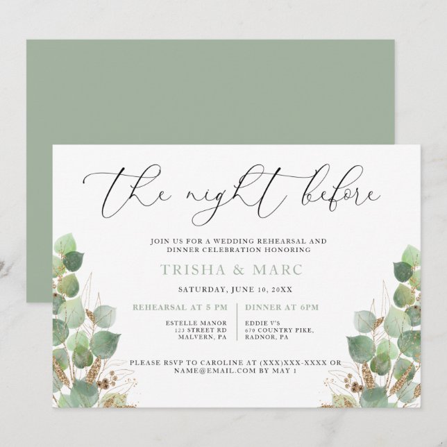 Elegant Watercolor Greenery Rehearsal Dinner  Invitation (Front/Back)