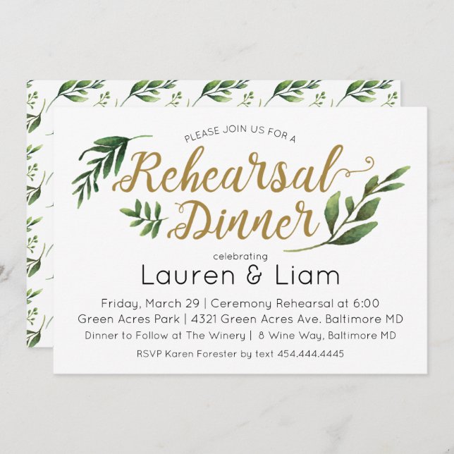 Elegant Watercolor Greenery Rehearsal Invitation (Front/Back)