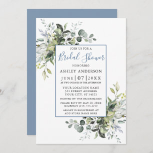 Elegant Watercolor Greenery Shower Dusty Blue Invitation
