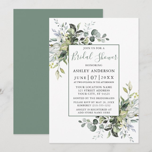 Elegant Watercolor Greenery Shower Sage Green Invitation (Front/Back)