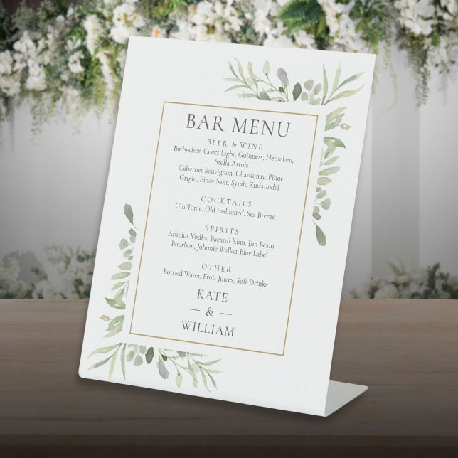 Elegant Watercolor Greenery Wedding Bar Menu Pedestal Sign (Elegant Watercolor Greenery Wedding Bar Menu Pedestal Sign)