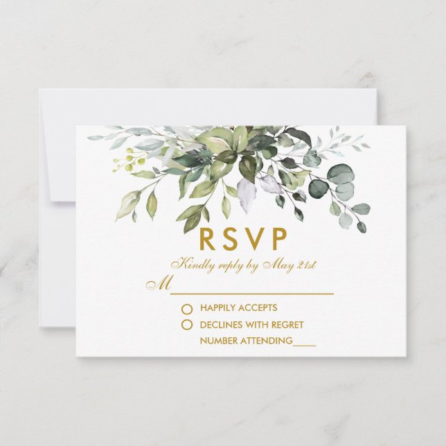 Elegant Watercolor Greenery Wedding Gold RSVP Card (Front)