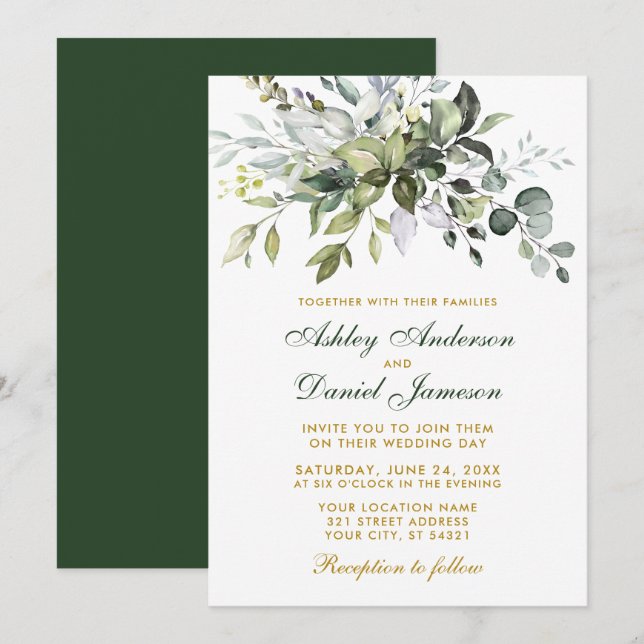 Elegant Watercolor Greenery Wedding Green Gold Invitation (Front/Back)