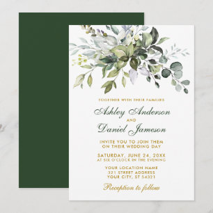 Elegant Watercolor Greenery Wedding Green Gold Invitation