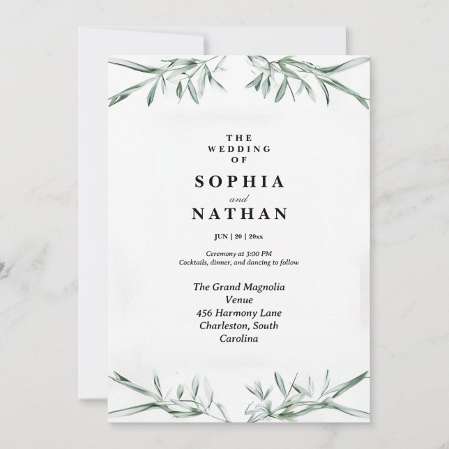 Elegant Watercolor Greenery Wedding Invitation (Front)