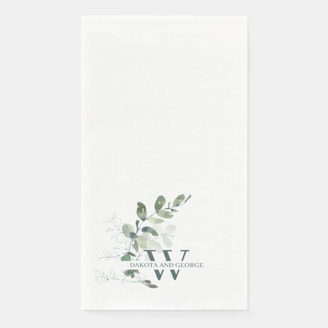 Elegant Watercolor Greenery Wedding Monogram Napkin (Front)