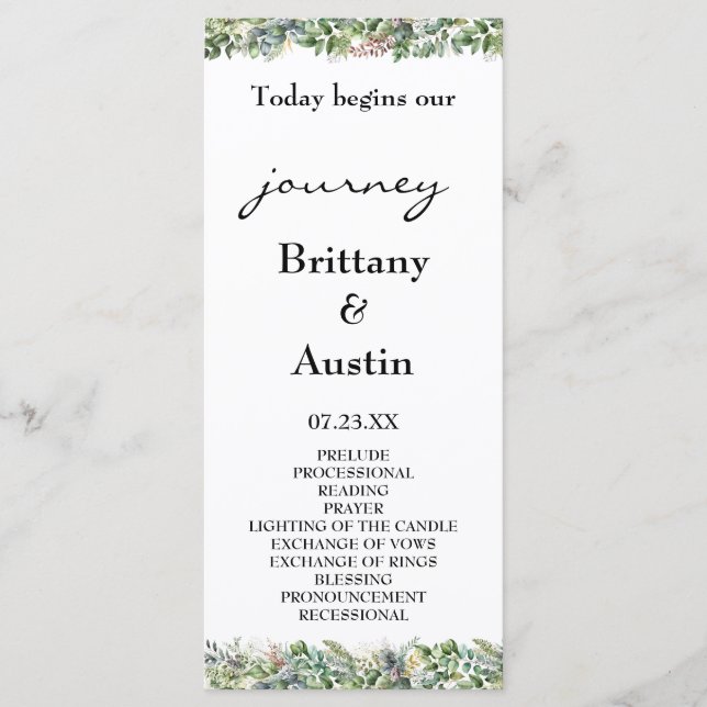 Elegant Watercolor Greenery Wedding  Programme (Front)