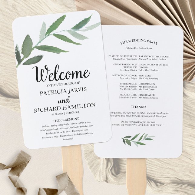 Elegant Watercolor Greenery Wedding Programs Hand Fan (Creator Uploaded)