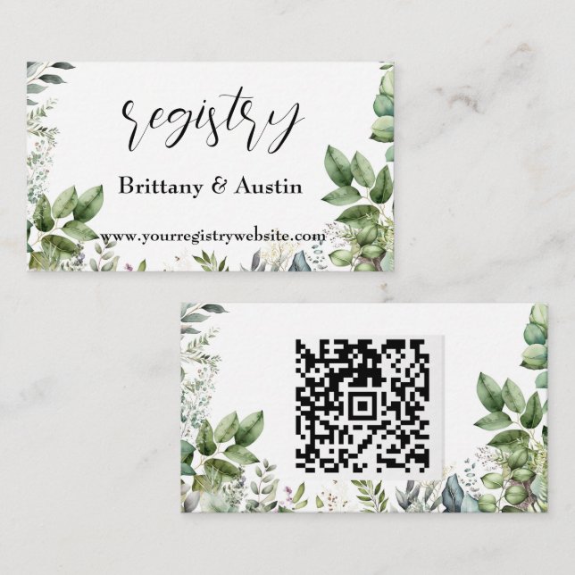 Elegant Watercolor Greenery Wedding QR Registry Enclosure Card (Front/Back)