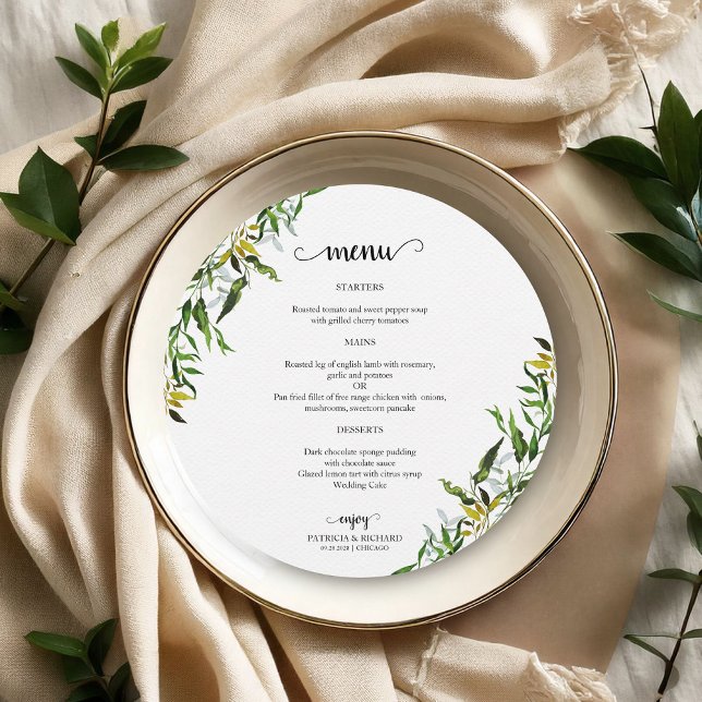 Elegant Watercolor Greenery Wedding Round Menu (Creator Uploaded)