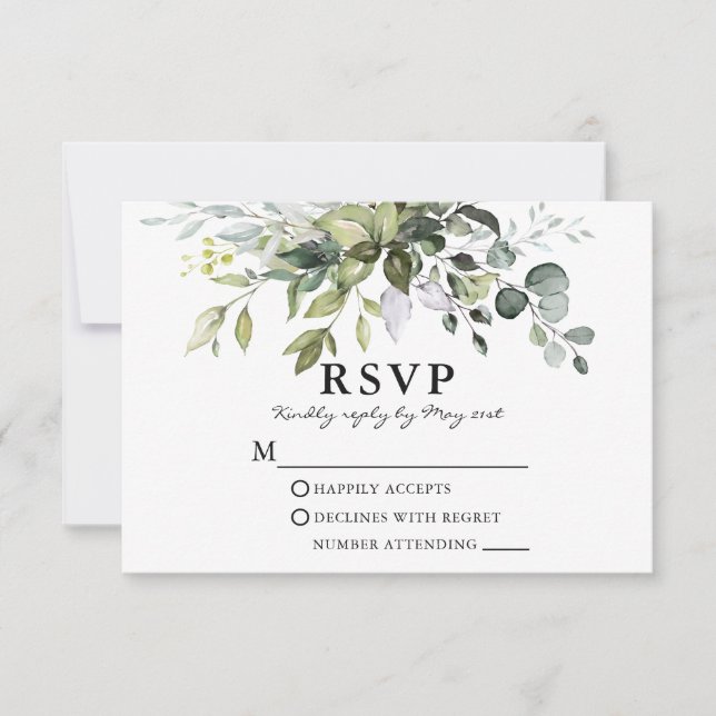 Elegant Watercolor Greenery Wedding RSVP Card (Front)