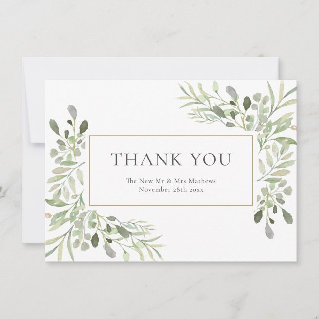 Elegant Watercolor Greenery Wedding Thank You Card (Front)