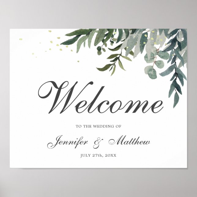 Elegant Watercolor Greenery Welcome Wedding Poster (Front)