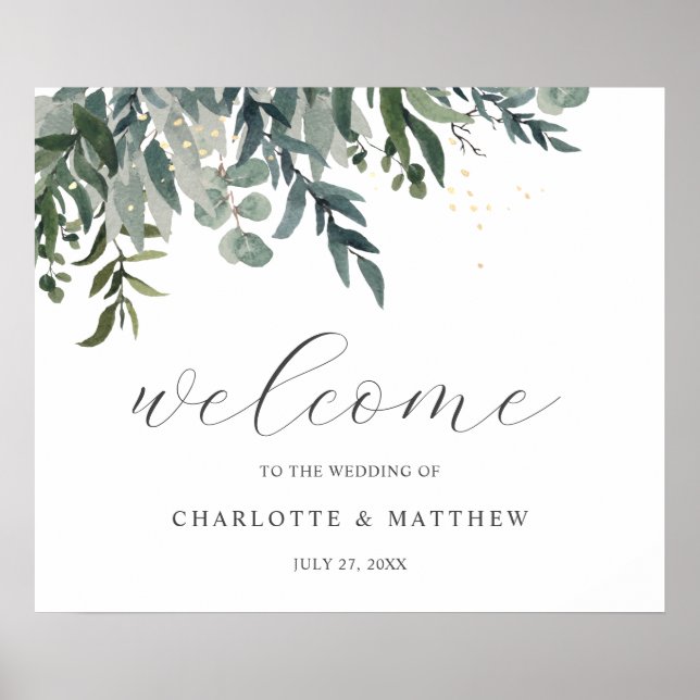 Elegant Watercolor Greenery Welcome Wedding Poster (Front)