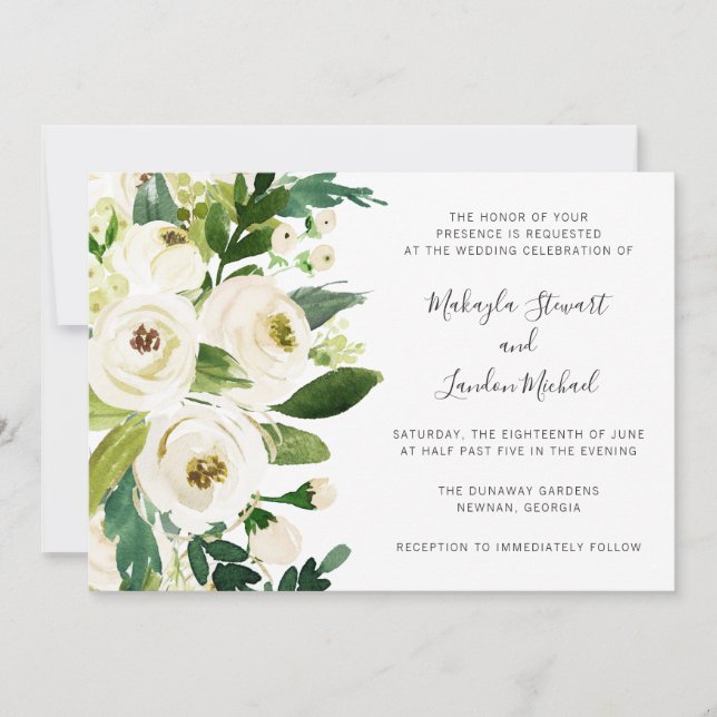 Elegant Watercolor Greenery White Floral Wedding Invitation (Front)