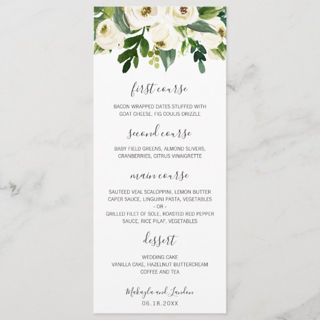 Elegant Watercolor Greenery White Floral Wedding Menu (Front)