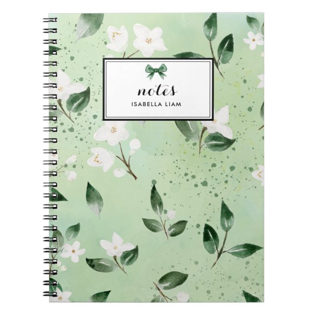 Elegant Watercolor Greenery White Flowers Pattern Notebook (Front)