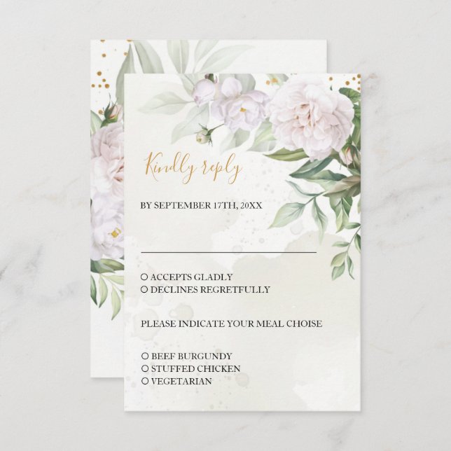 Elegant Watercolor Greenery White Flowers Wedding RSVP Card (Front/Back)