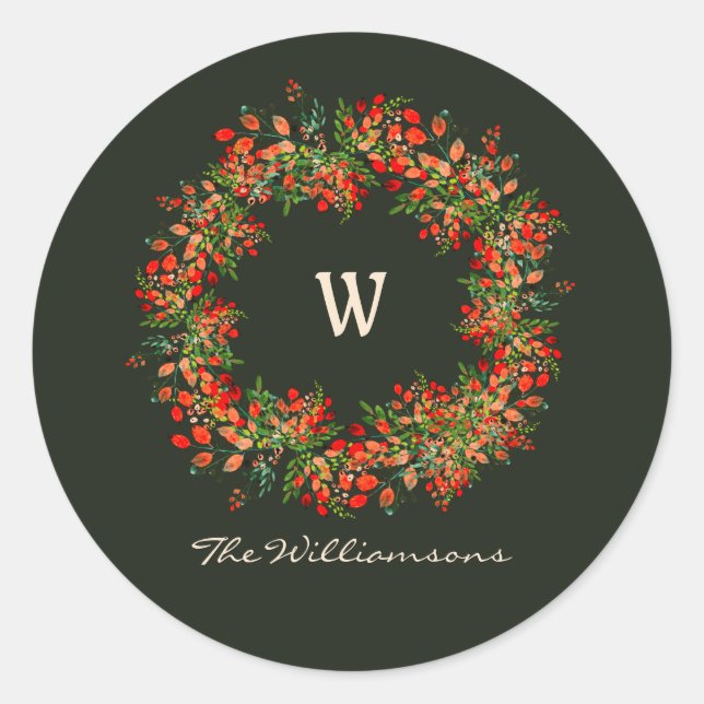 Elegant Watercolor Greenery Wreath Monogram Custom Classic Round Sticker (Front)